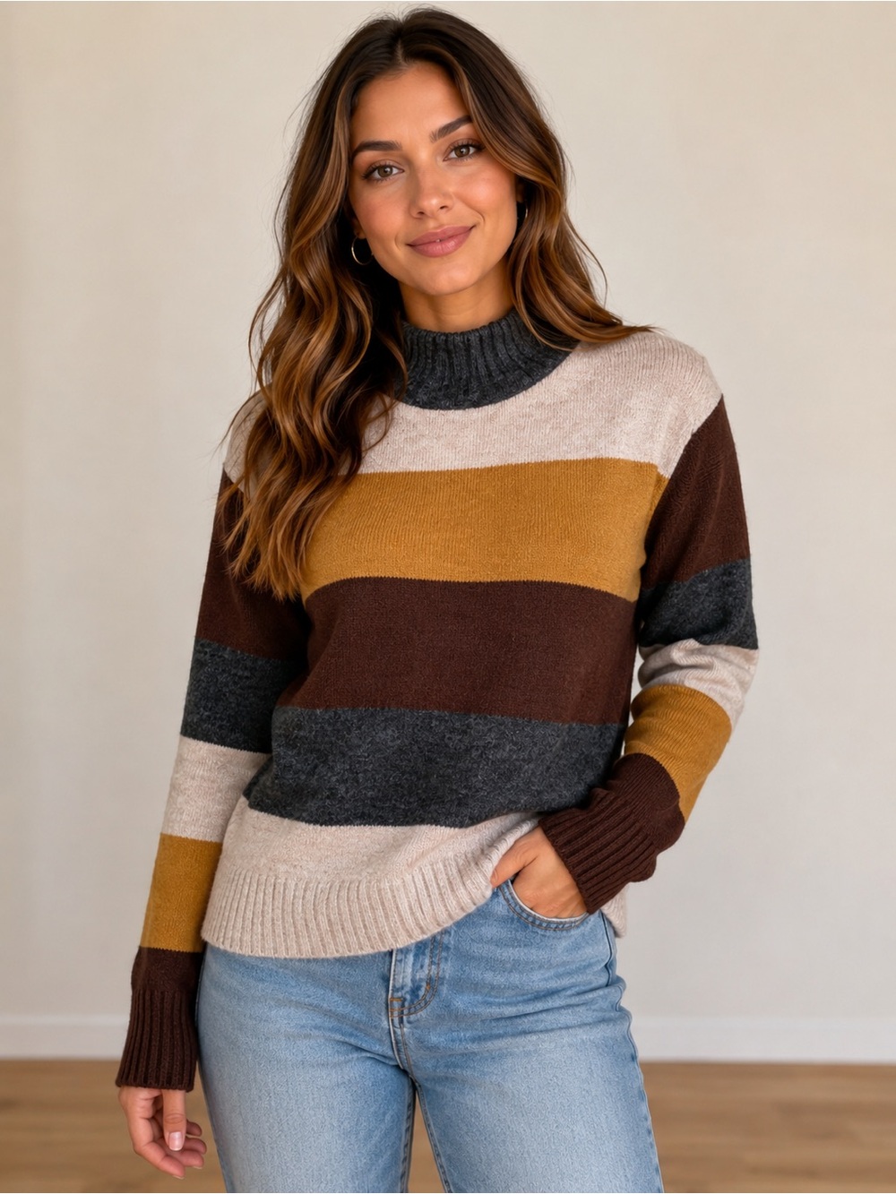 Express Striped Cowl Neck Sweater in Brown, Mustard & Gray